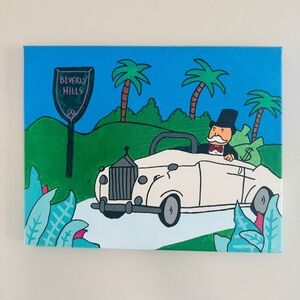 Money Man Beverly Hills Rolls Royce Art Acrylic Painting on Canvas 14x11